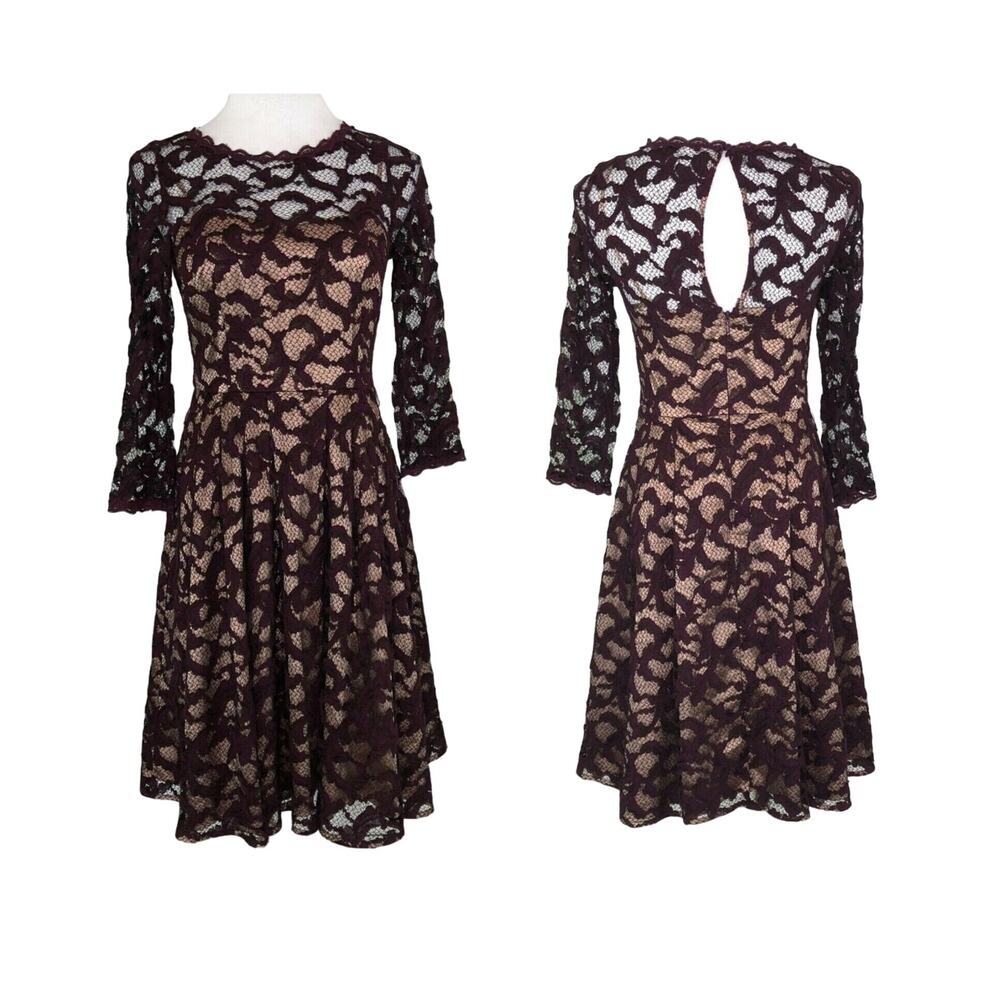 Eliza J Soft Illusion Lace Evening Fit Flare Dress Boat Neck Burgundy Size 4